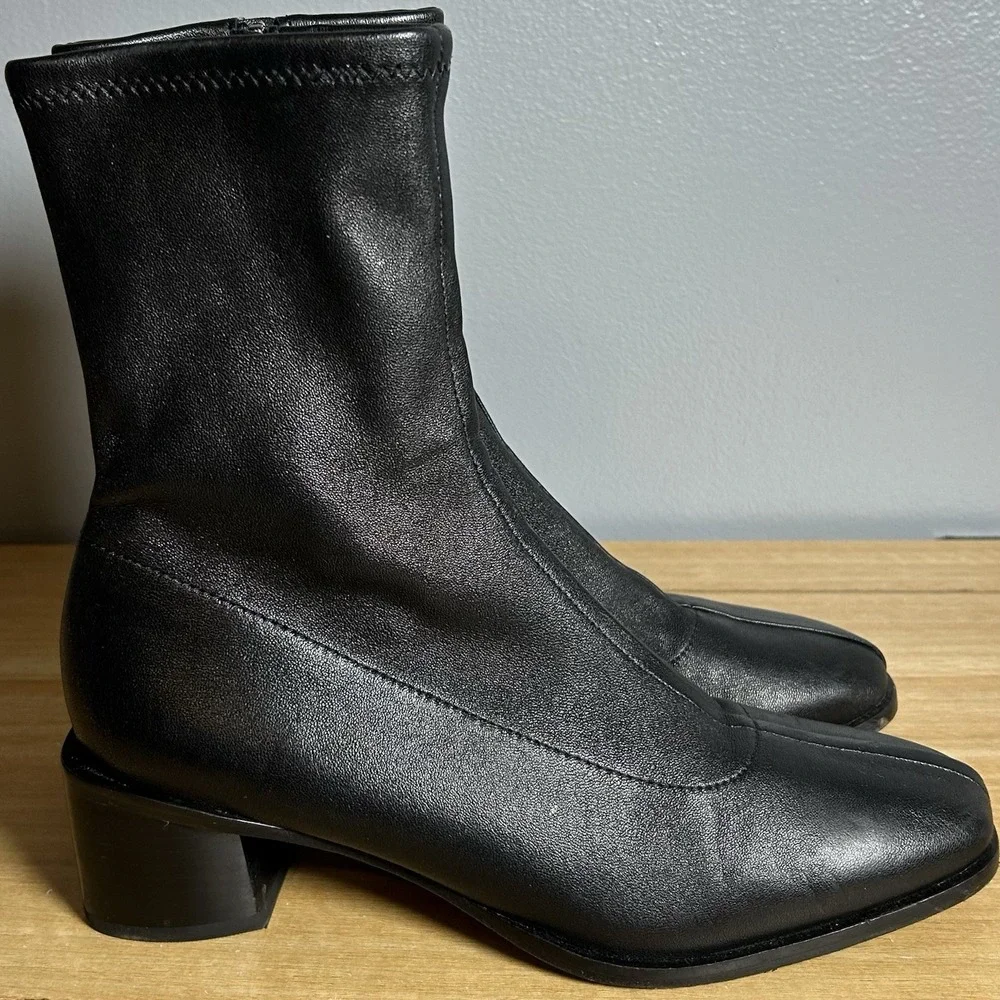 Quince Black Luxe Italian Leather Stretch Mid Calf Square Toe Heeled Sock Bootie